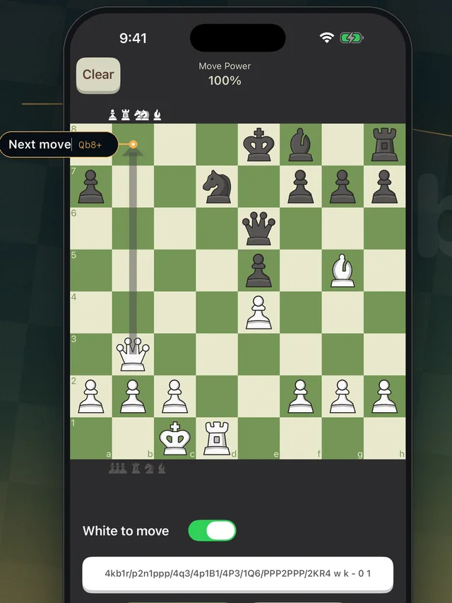 A recognised chess position showing the best move Qb8+ marked with an arrow