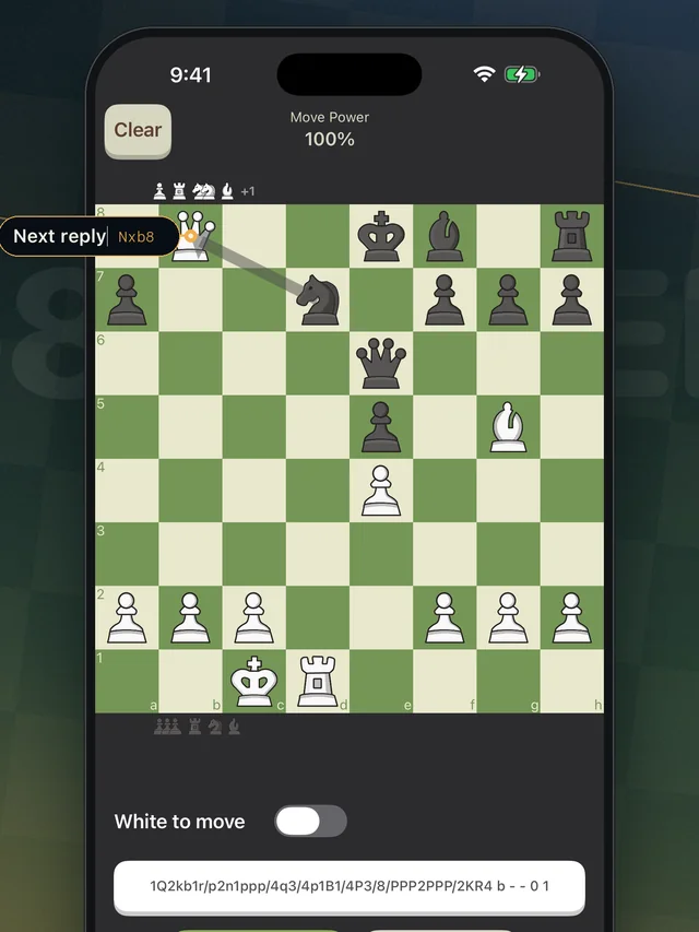 The same position one move later, showing the forced reply Nxb8